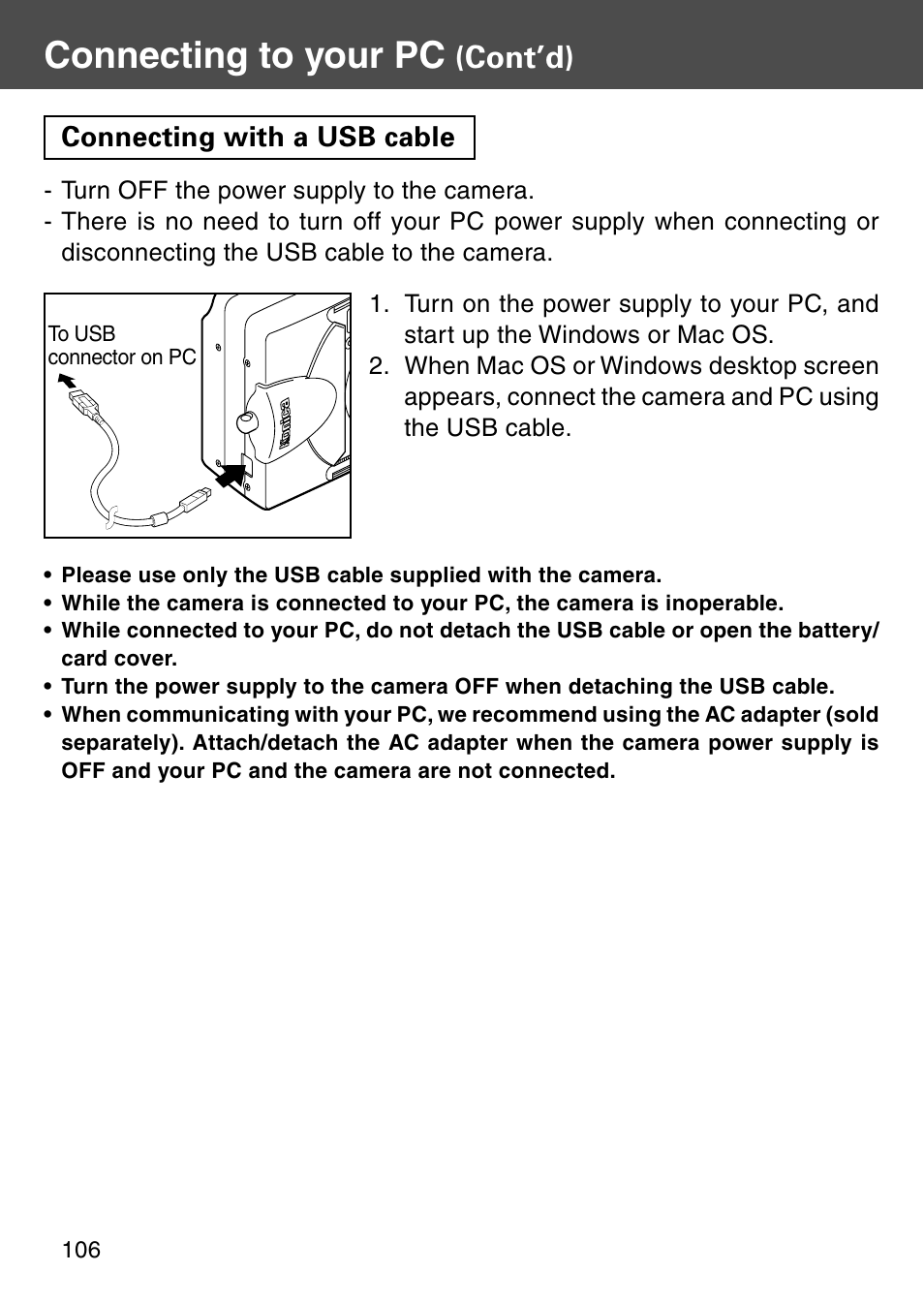 Connecting with a usb cable, Connecting to your pc, Cont’d) | Konica Minolta REVIO KD-410Z User Manual | Page 106 / 125