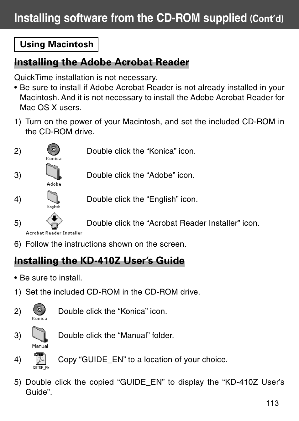 Using macintosh, Installing software from the cd-rom supplied, Installing the adobe acrobat reader | Installing the kd-410z user’s guide, Cont’d) | Konica Minolta REVIO KD-410Z User Manual | Page 113 / 125