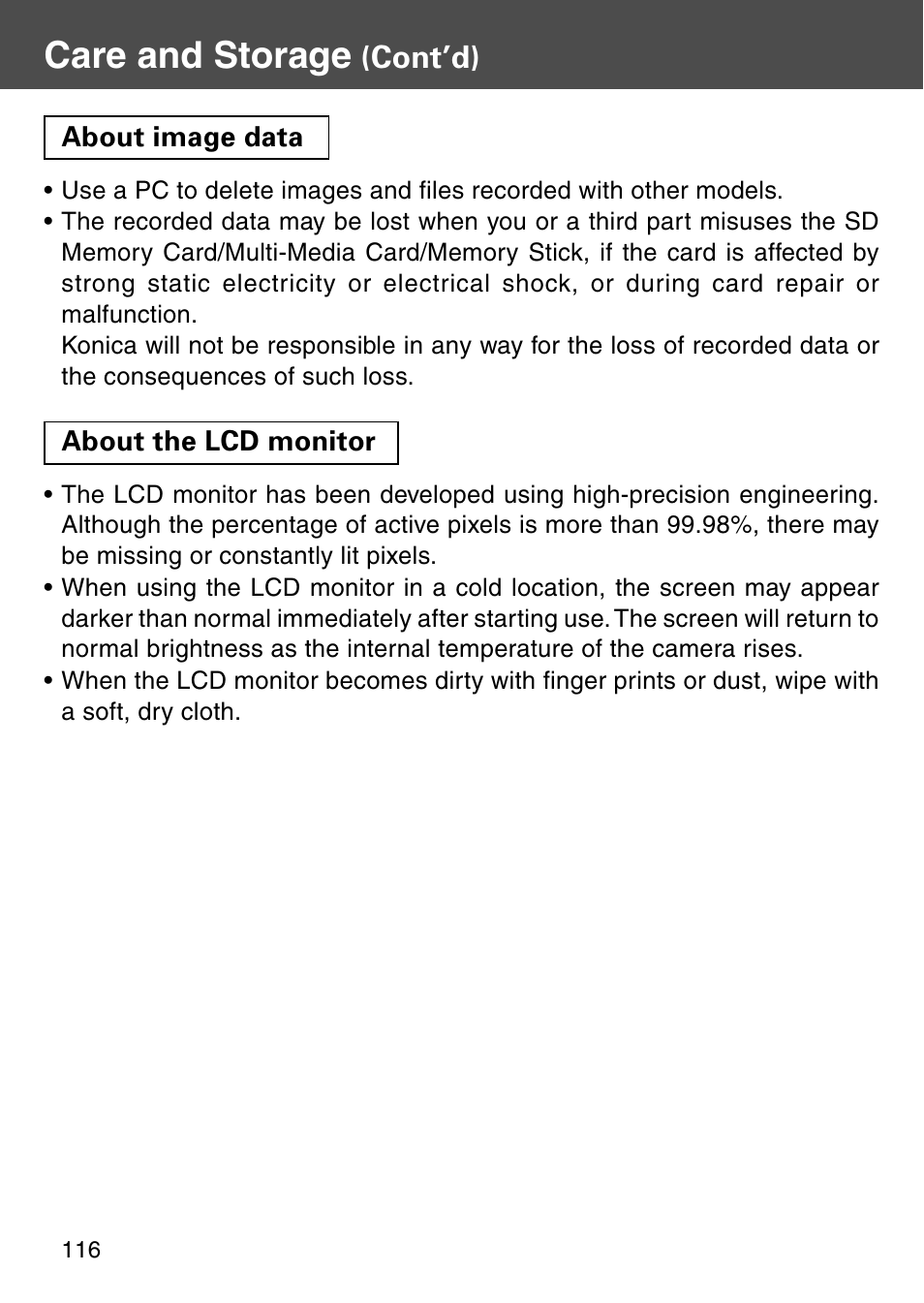 Care and storage, Cont’d) | Konica Minolta REVIO KD-410Z User Manual | Page 116 / 125