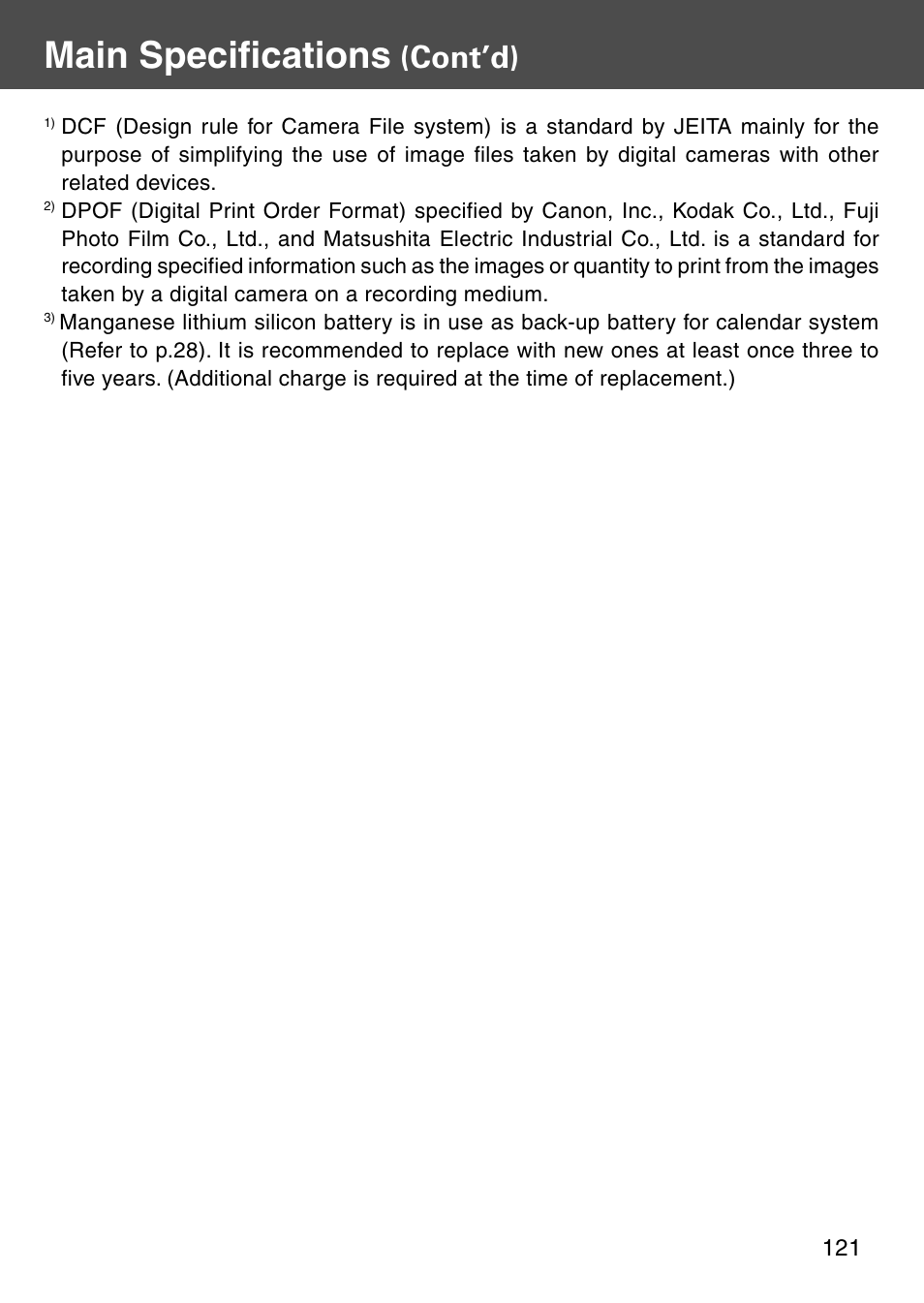 Main specifications, Cont’d) | Konica Minolta REVIO KD-410Z User Manual | Page 121 / 125