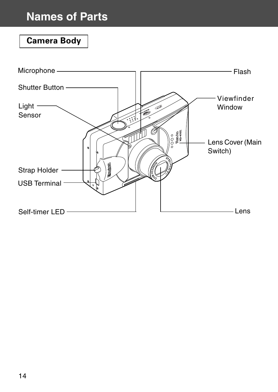 Names of parts, Camera body | Konica Minolta REVIO KD-410Z User Manual | Page 14 / 125