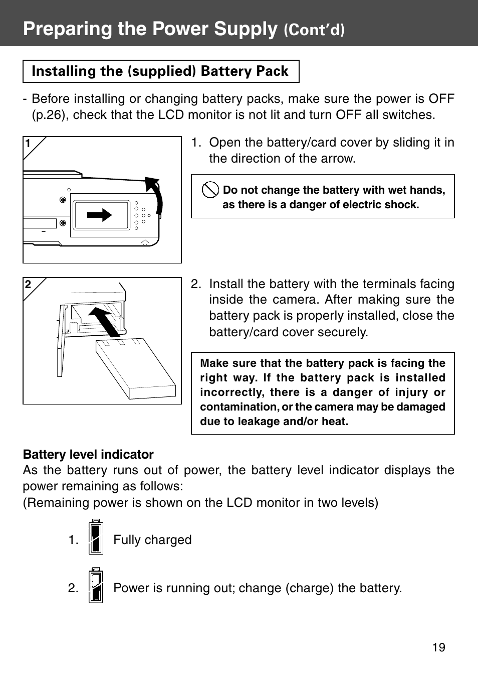 Installing the (supplied) battery pack, Preparing the power supply, Cont’d) | Konica Minolta REVIO KD-410Z User Manual | Page 19 / 125