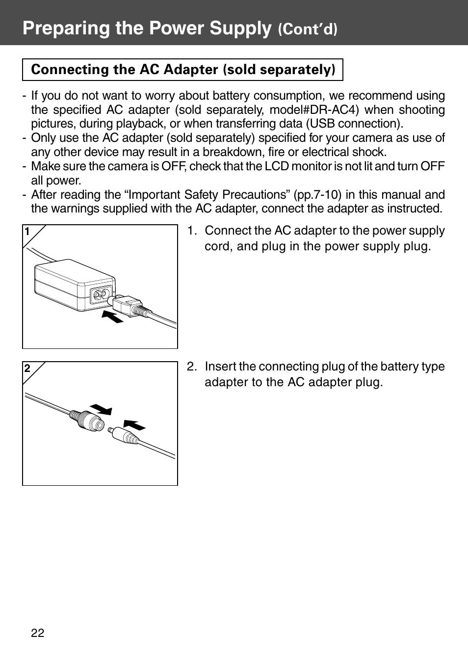 Connecting the ac adapter (sold separately), Preparing the power supply, Cont’d) | Konica Minolta REVIO KD-410Z User Manual | Page 22 / 125