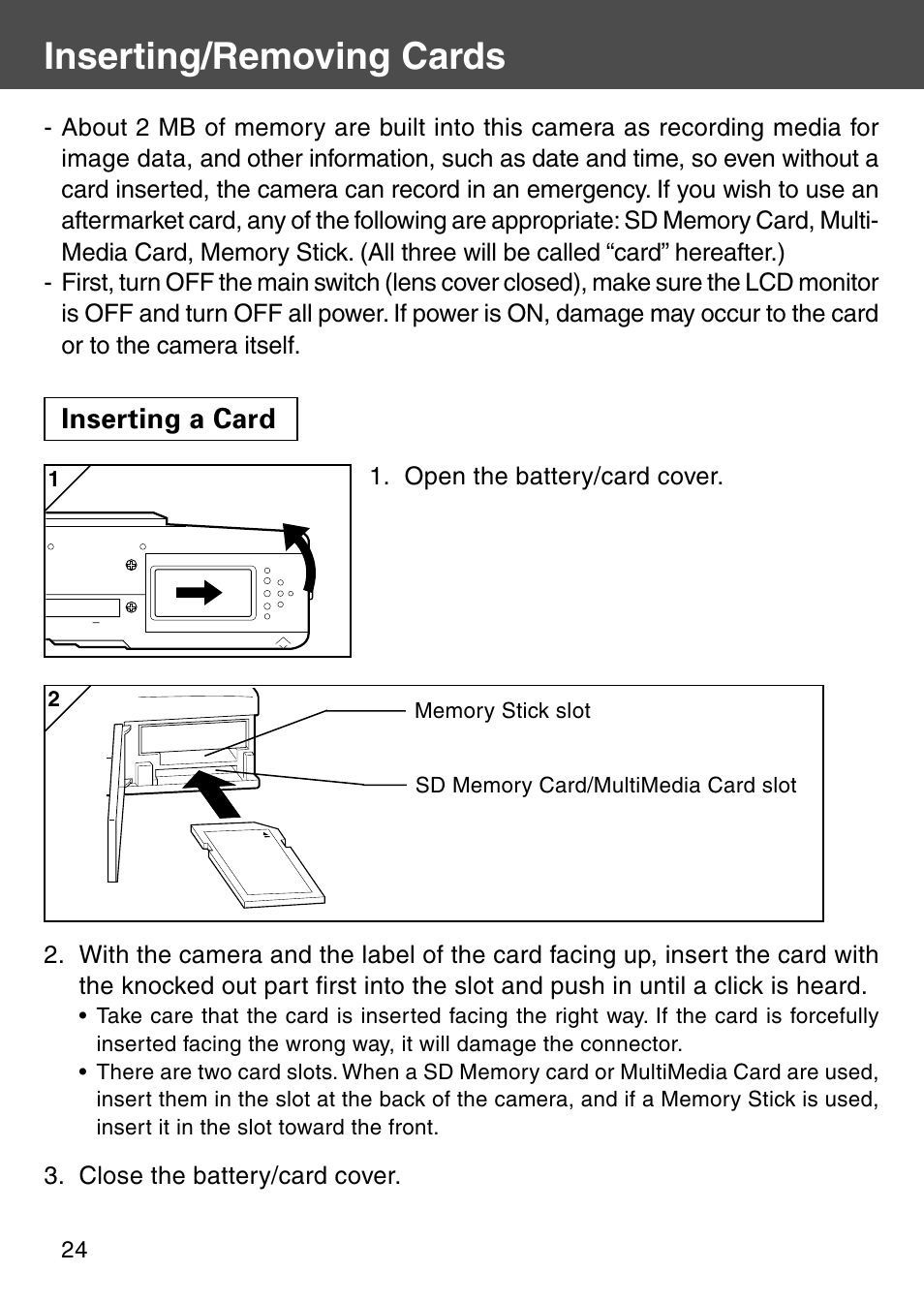 Inserting/removing cards, Inserting a card | Konica Minolta REVIO KD-410Z User Manual | Page 24 / 125