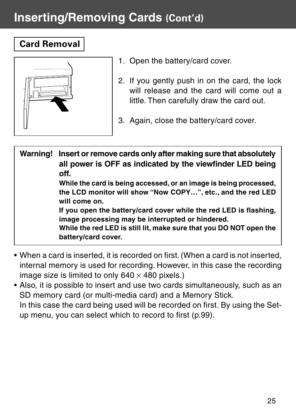 Card removal, Inserting/removing cards, Cont’d) | Konica Minolta REVIO KD-410Z User Manual | Page 25 / 125