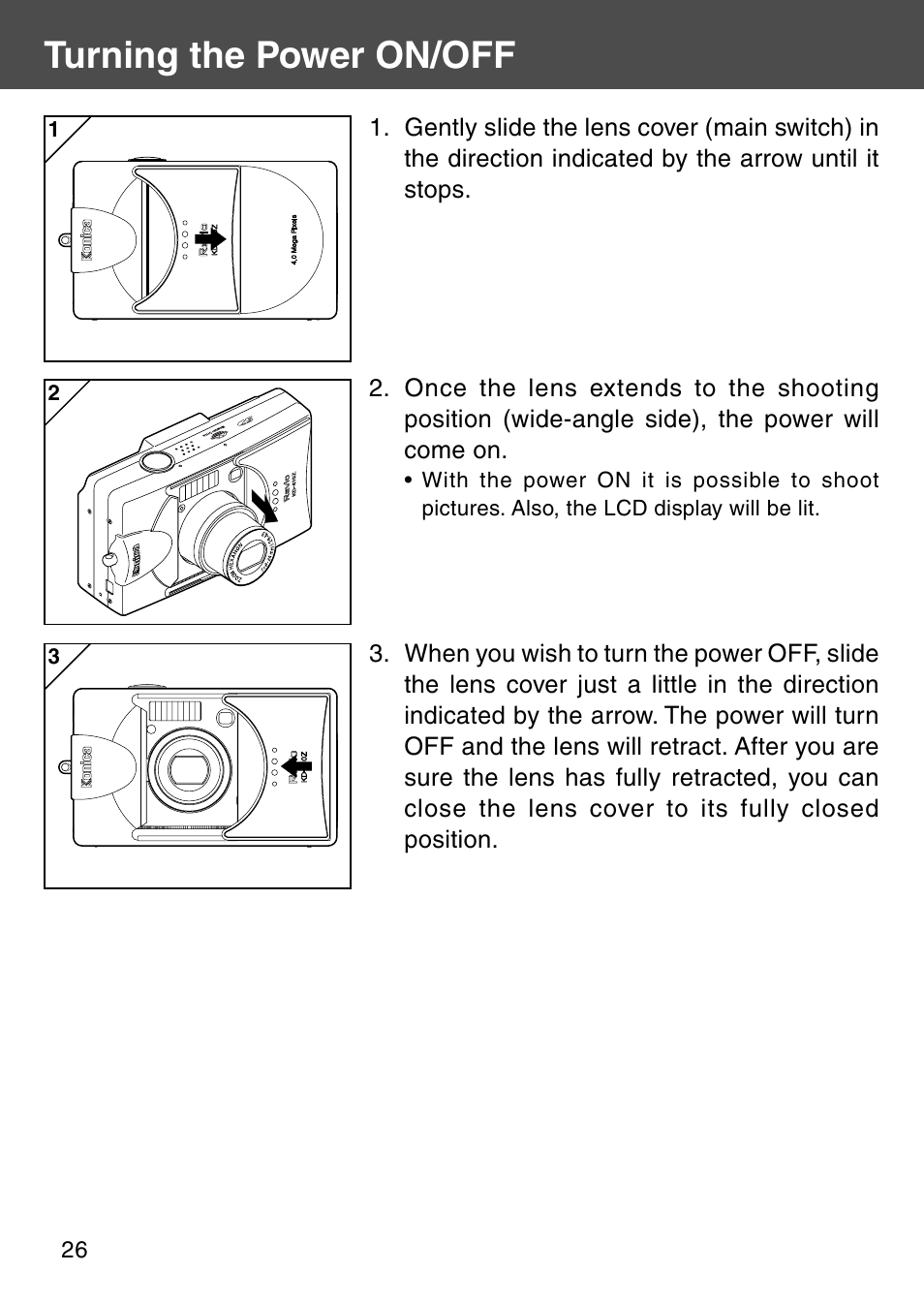 Turning the power on/off | Konica Minolta REVIO KD-410Z User Manual | Page 26 / 125