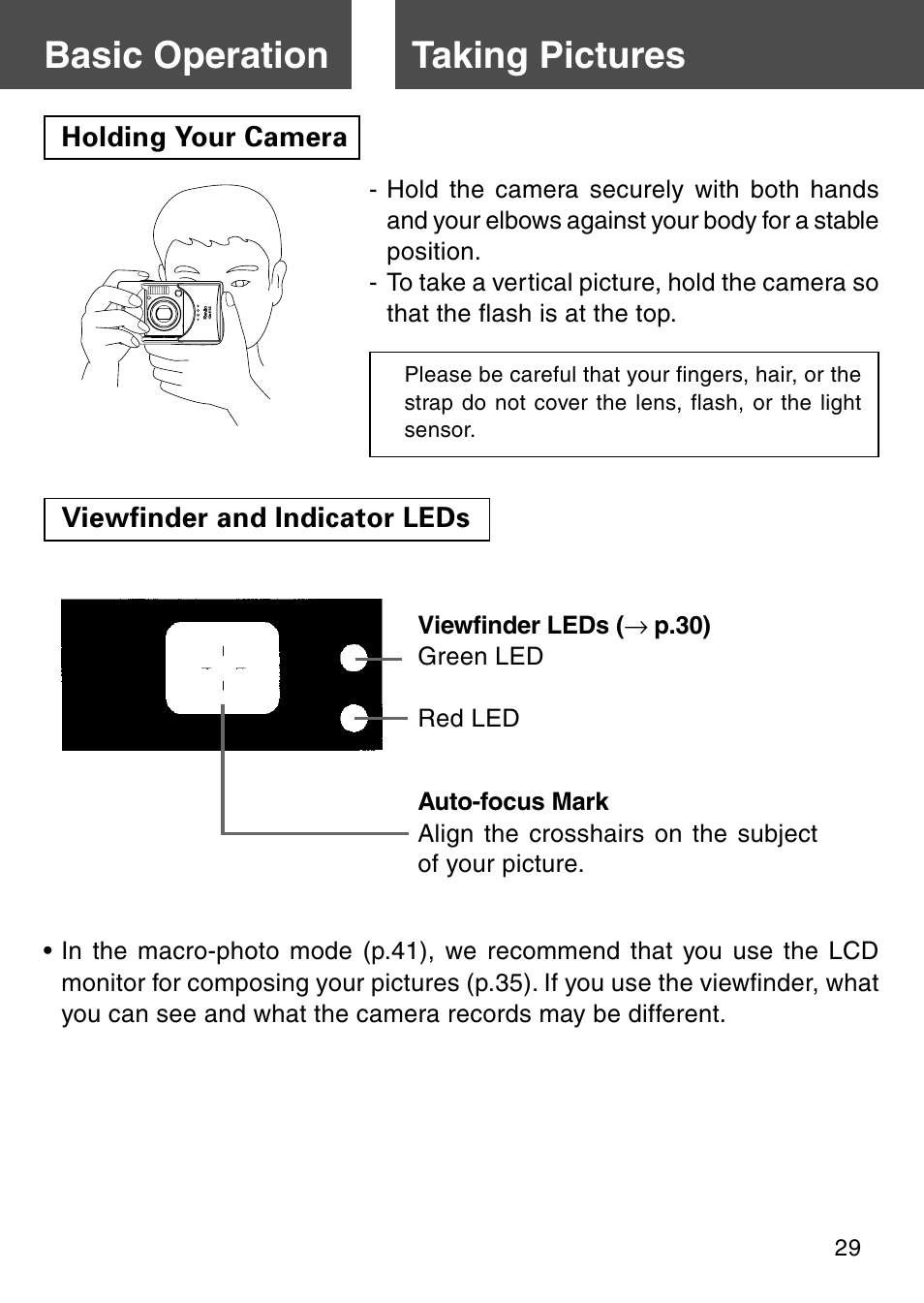 Basic operation, Taking pictures, Holding your camera | Viewfinder and indicator leds, Holding your camera viewfinder and indicator leds | Konica Minolta REVIO KD-410Z User Manual | Page 29 / 125