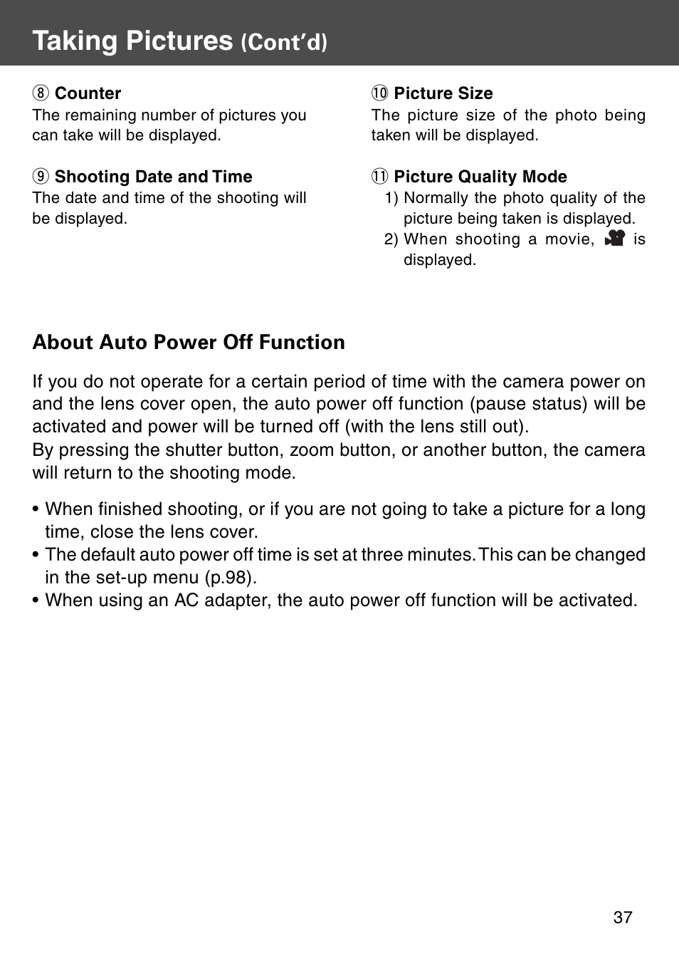 Taking pictures, Cont’d), About auto power off function | Konica Minolta REVIO KD-410Z User Manual | Page 37 / 125