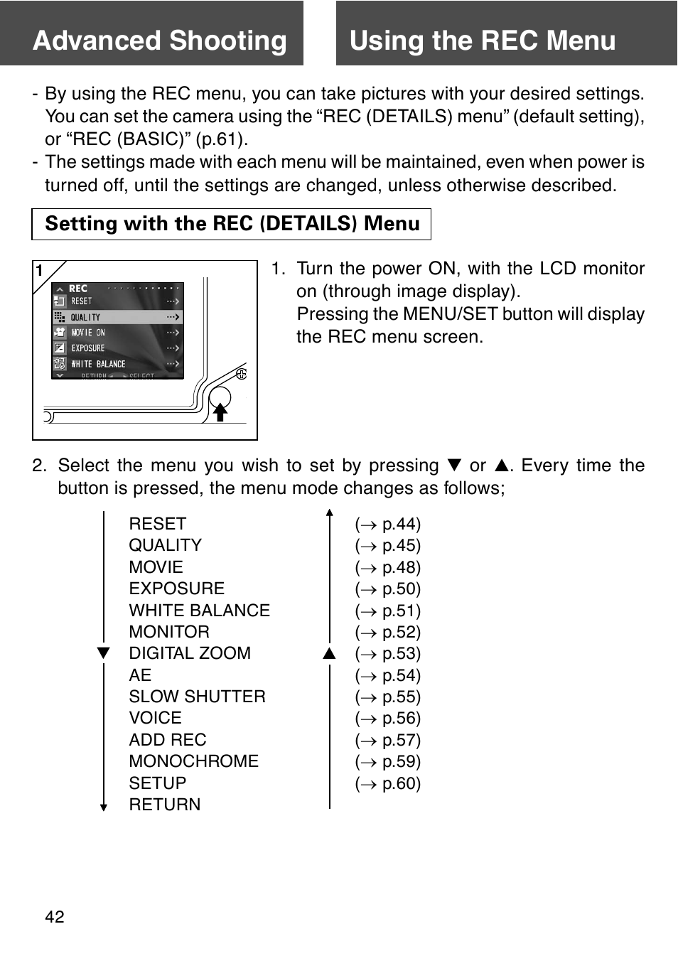 Advanced shooting, Using the rec menu, Setting with the rec (details) menu | Using the rec menu advanced shooting | Konica Minolta REVIO KD-410Z User Manual | Page 42 / 125
