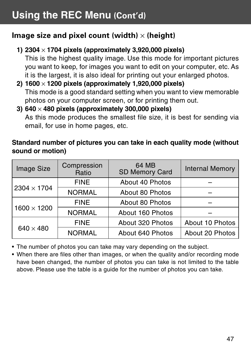 Using the rec menu, Cont’d) | Konica Minolta REVIO KD-410Z User Manual | Page 47 / 125
