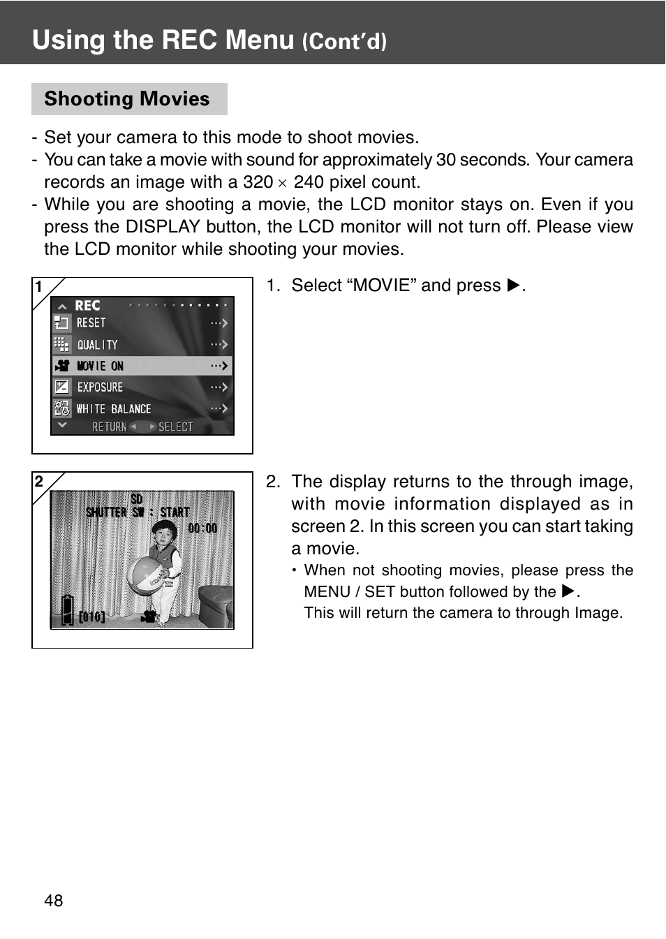 Shooting movies, Using the rec menu, Cont’d) | Konica Minolta REVIO KD-410Z User Manual | Page 48 / 125