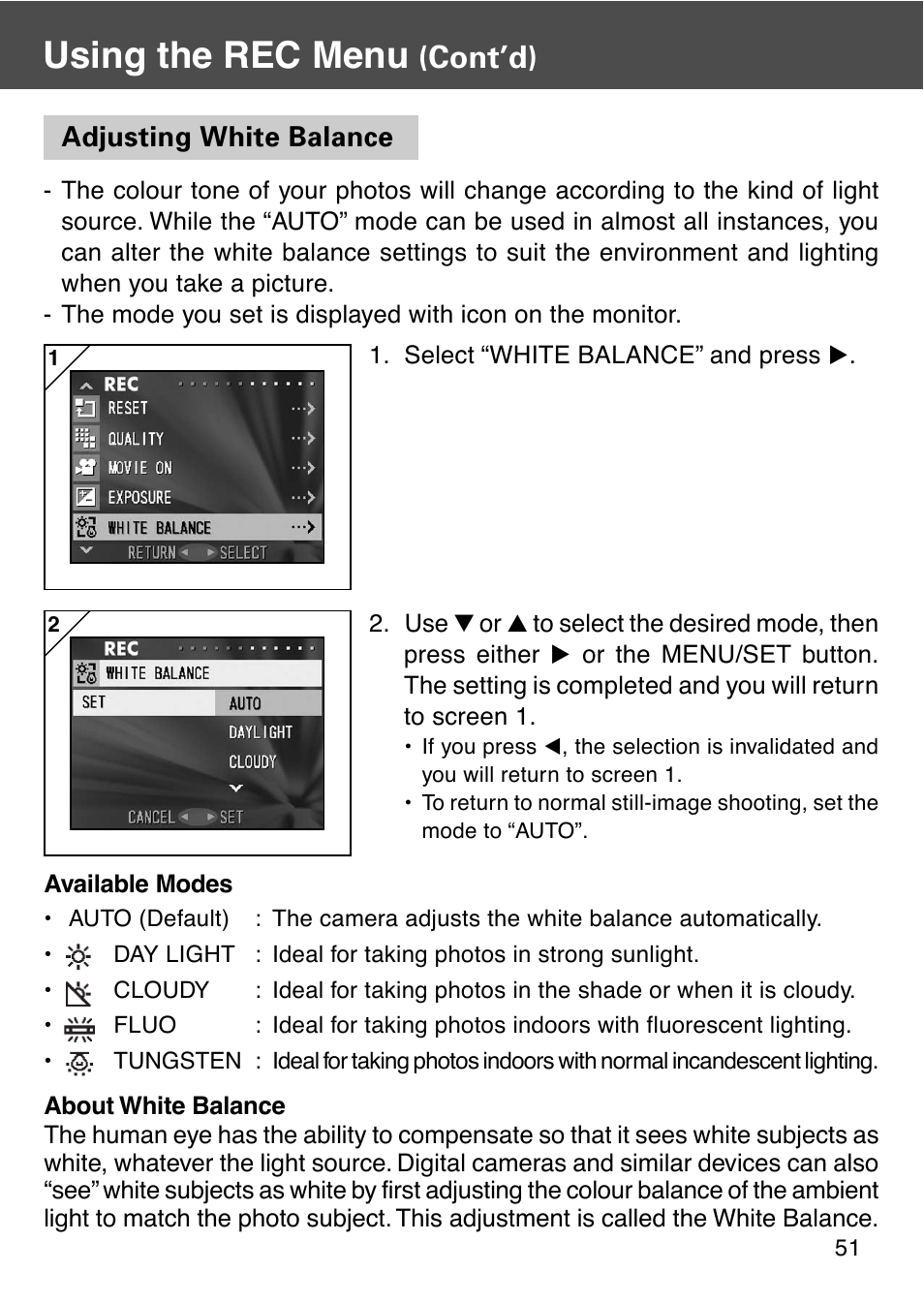 Adjusting white balance, Using the rec menu, Cont’d) | Konica Minolta REVIO KD-410Z User Manual | Page 51 / 125