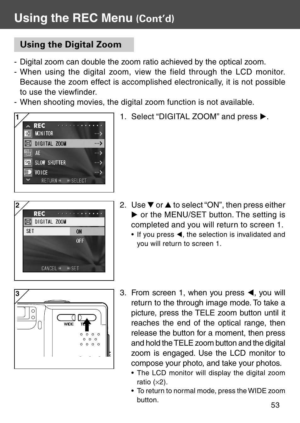 Using the digital zoom, Using the rec menu, Cont’d) | Konica Minolta REVIO KD-410Z User Manual | Page 53 / 125