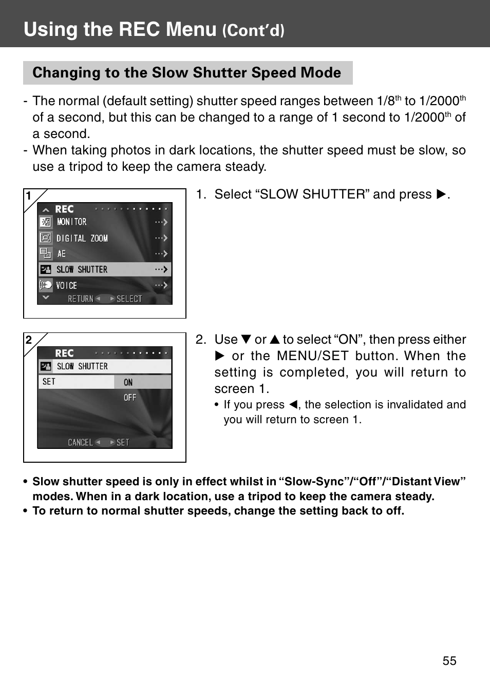 Changing to the slow shutter speed mode, Using the rec menu, Cont’d) | Konica Minolta REVIO KD-410Z User Manual | Page 55 / 125