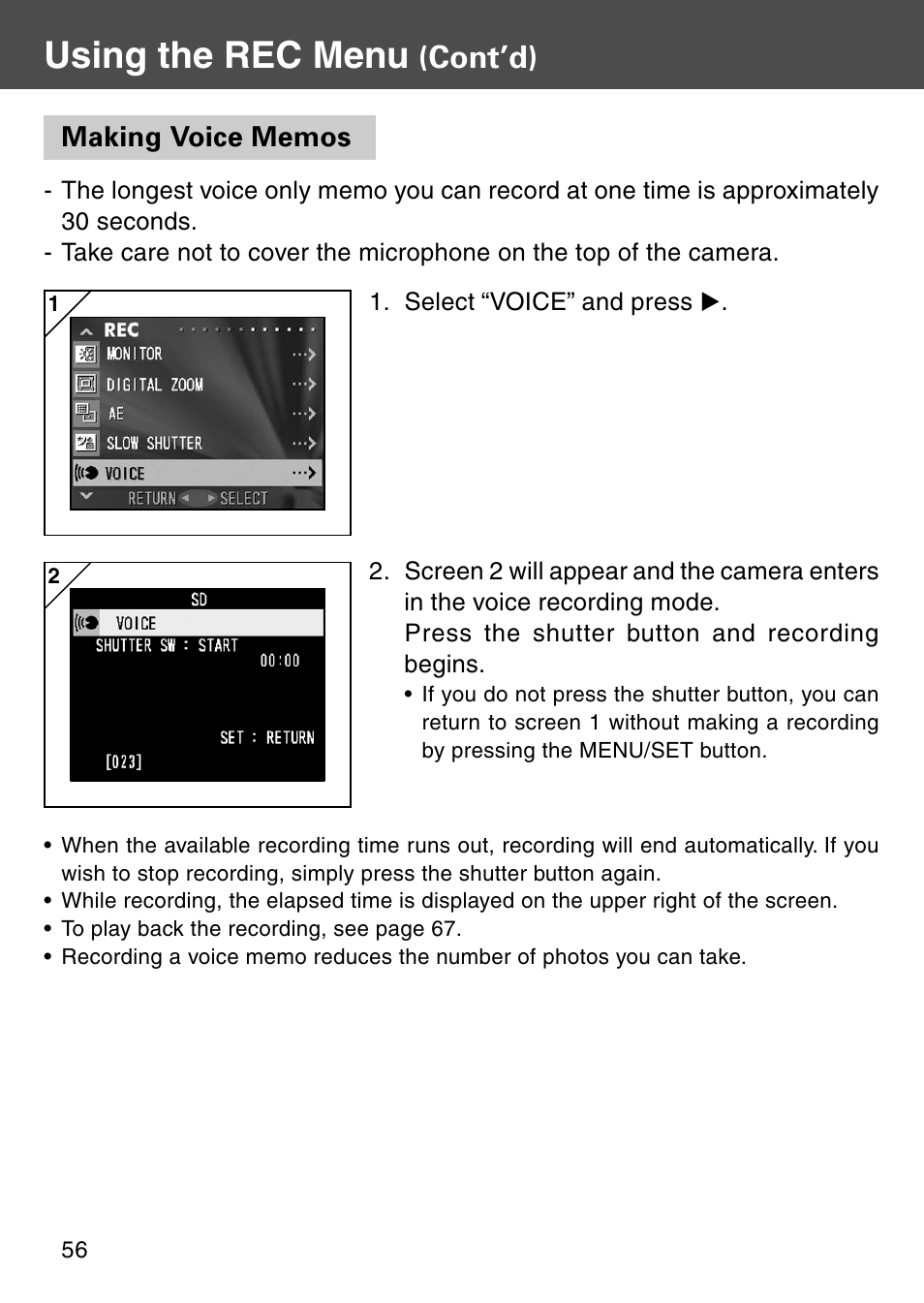 Making voice memos, Using the rec menu, Cont’d) | Konica Minolta REVIO KD-410Z User Manual | Page 56 / 125