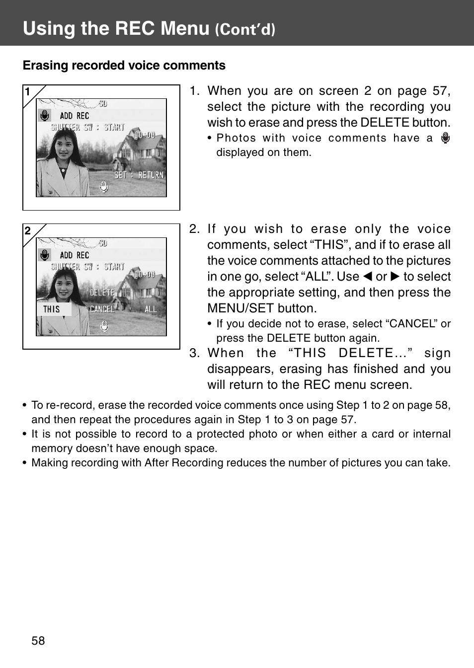 Using the rec menu, Cont’d) | Konica Minolta REVIO KD-410Z User Manual | Page 58 / 125