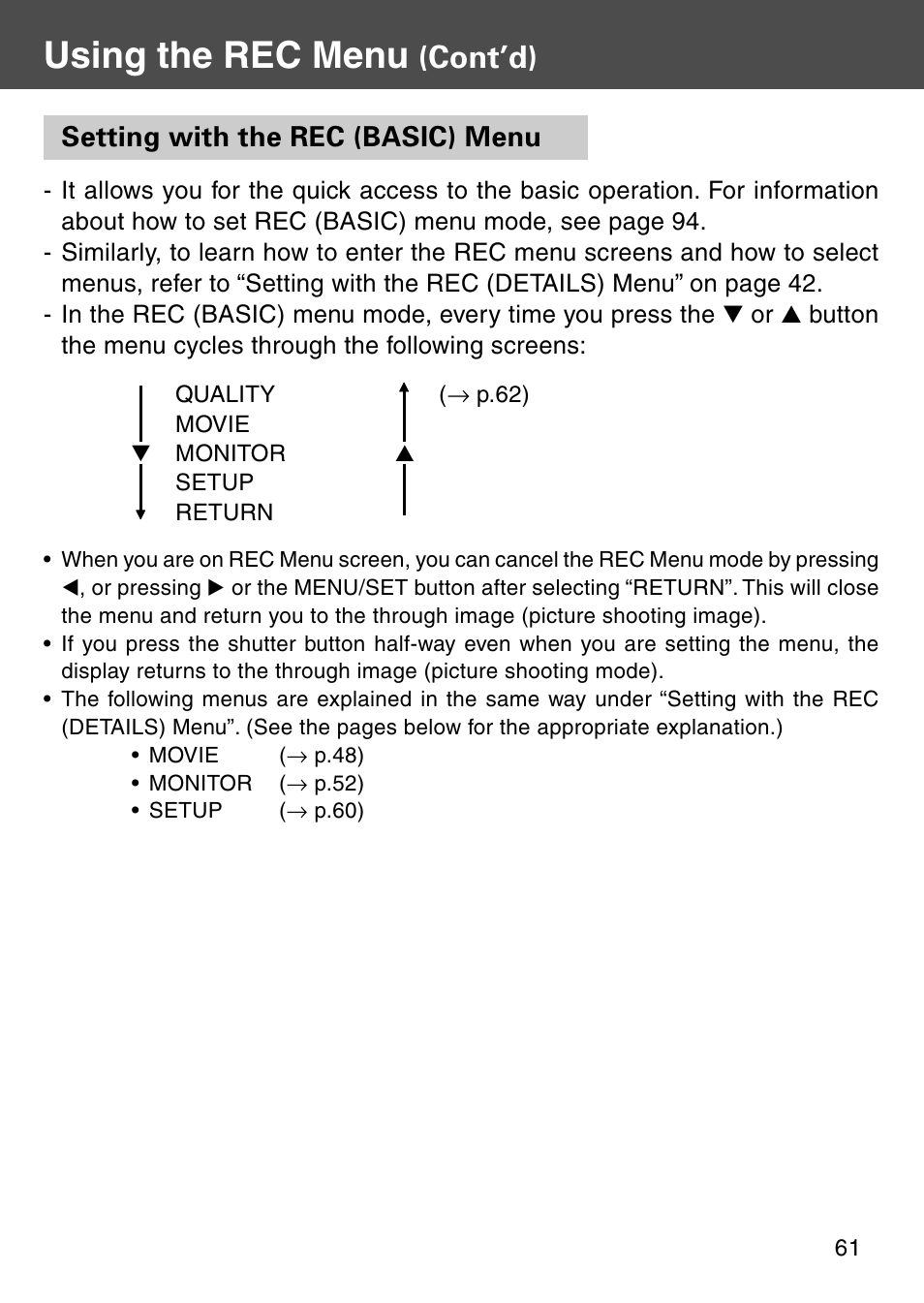 Setting with the rec (basic) menu, Using the rec menu, Cont’d) | Konica Minolta REVIO KD-410Z User Manual | Page 61 / 125