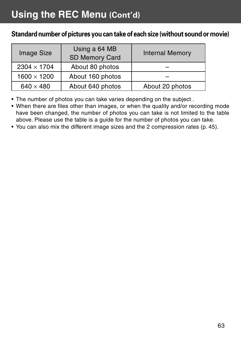 Using the rec menu, Cont’d) | Konica Minolta REVIO KD-410Z User Manual | Page 63 / 125