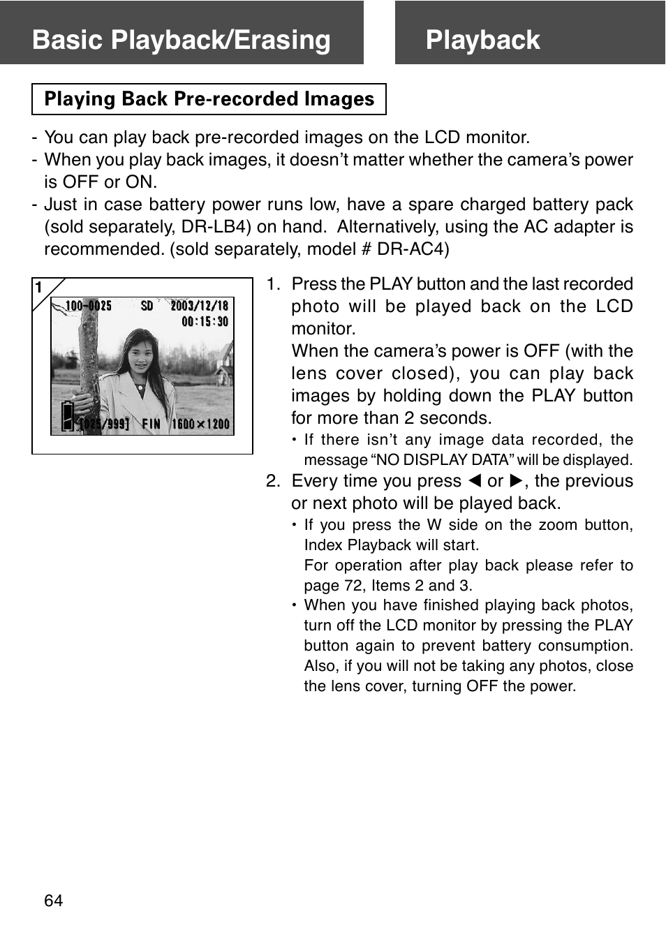 Basic playback/erasing, Playback, Playing back pre-recorded images | Basic playback/erasing playback | Konica Minolta REVIO KD-410Z User Manual | Page 64 / 125