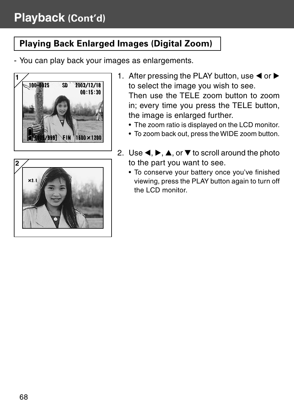 Playing back enlarged images (digital zoom), Playback, Cont’d) | Konica Minolta REVIO KD-410Z User Manual | Page 68 / 125