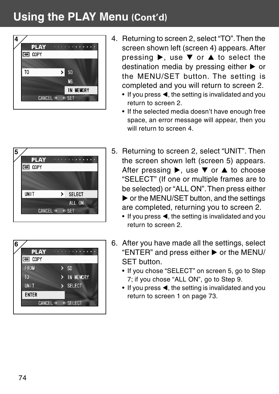 Using the play menu, Cont’d) | Konica Minolta REVIO KD-410Z User Manual | Page 74 / 125