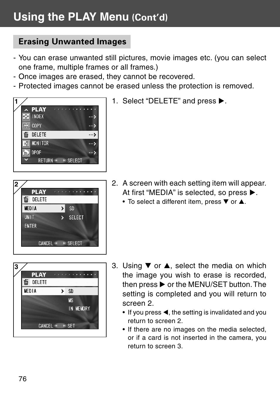 Erasing unwanted images, Using the play menu, Cont’d) | Konica Minolta REVIO KD-410Z User Manual | Page 76 / 125