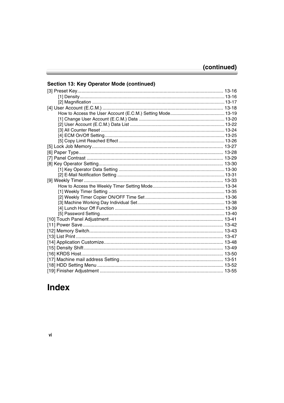 Index, Continued) | Konica Minolta 7222 User Manual | Page 10 / 328