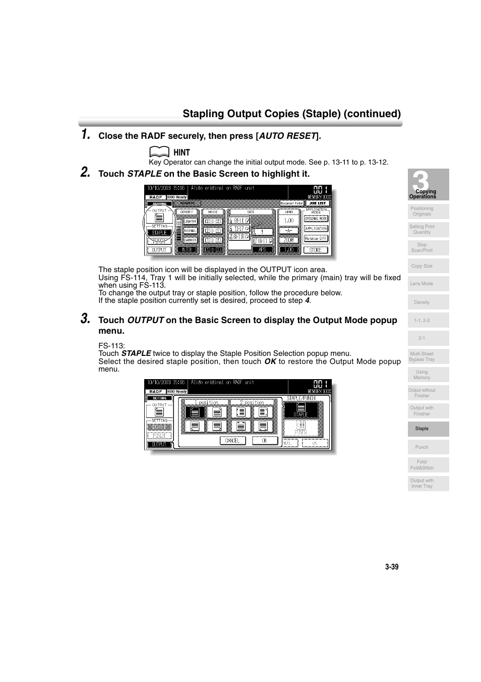 Stapling output copies (staple) (continued), Close the radf securely, then press [ auto reset, Touch staple on the basic screen to highlight it | Konica Minolta 7222 User Manual | Page 101 / 328