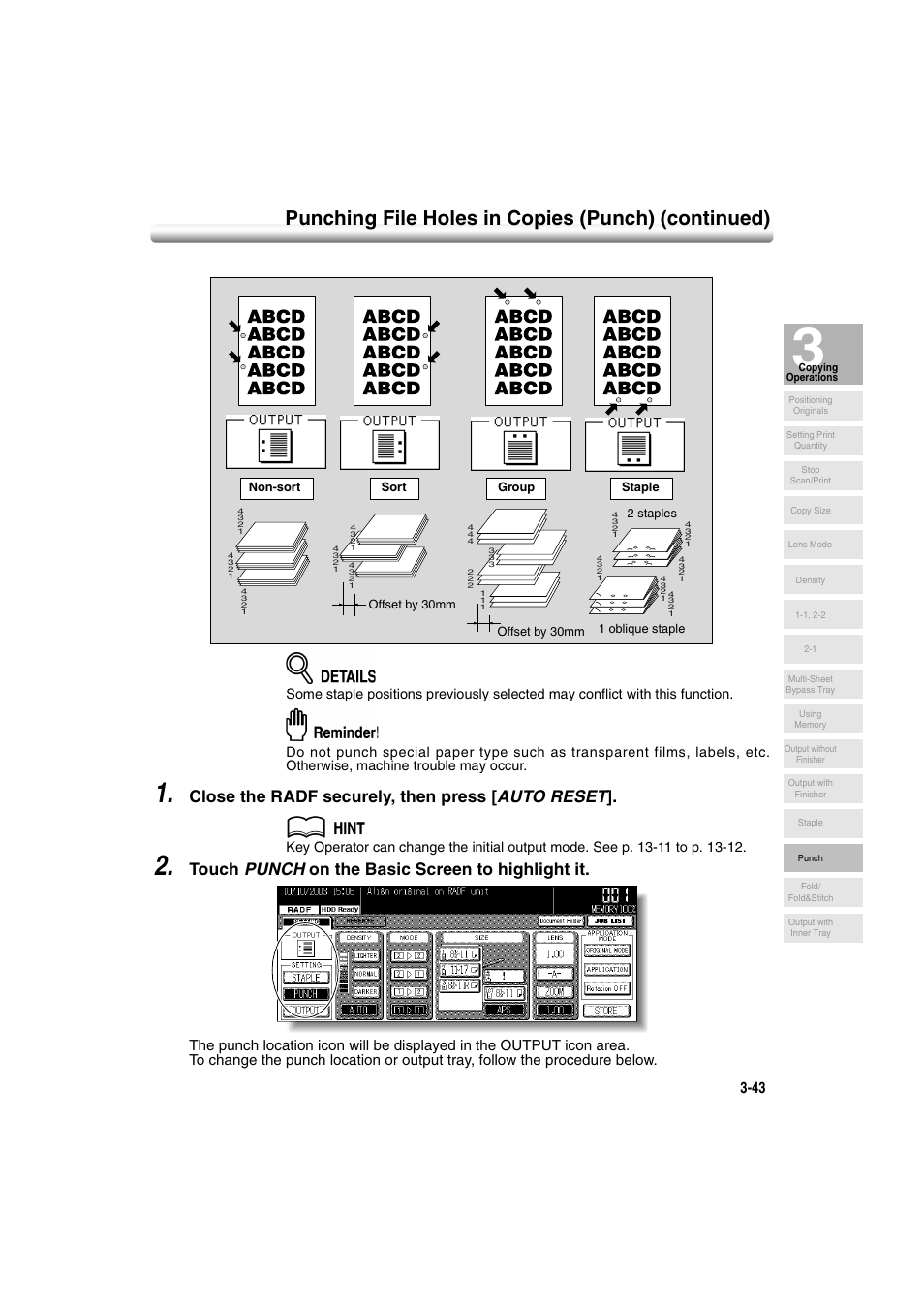 Punching file holes in copies (punch) (continued), Close the radf securely, then press [ auto reset, Touch punch on the basic screen to highlight it | Konica Minolta 7222 User Manual | Page 105 / 328