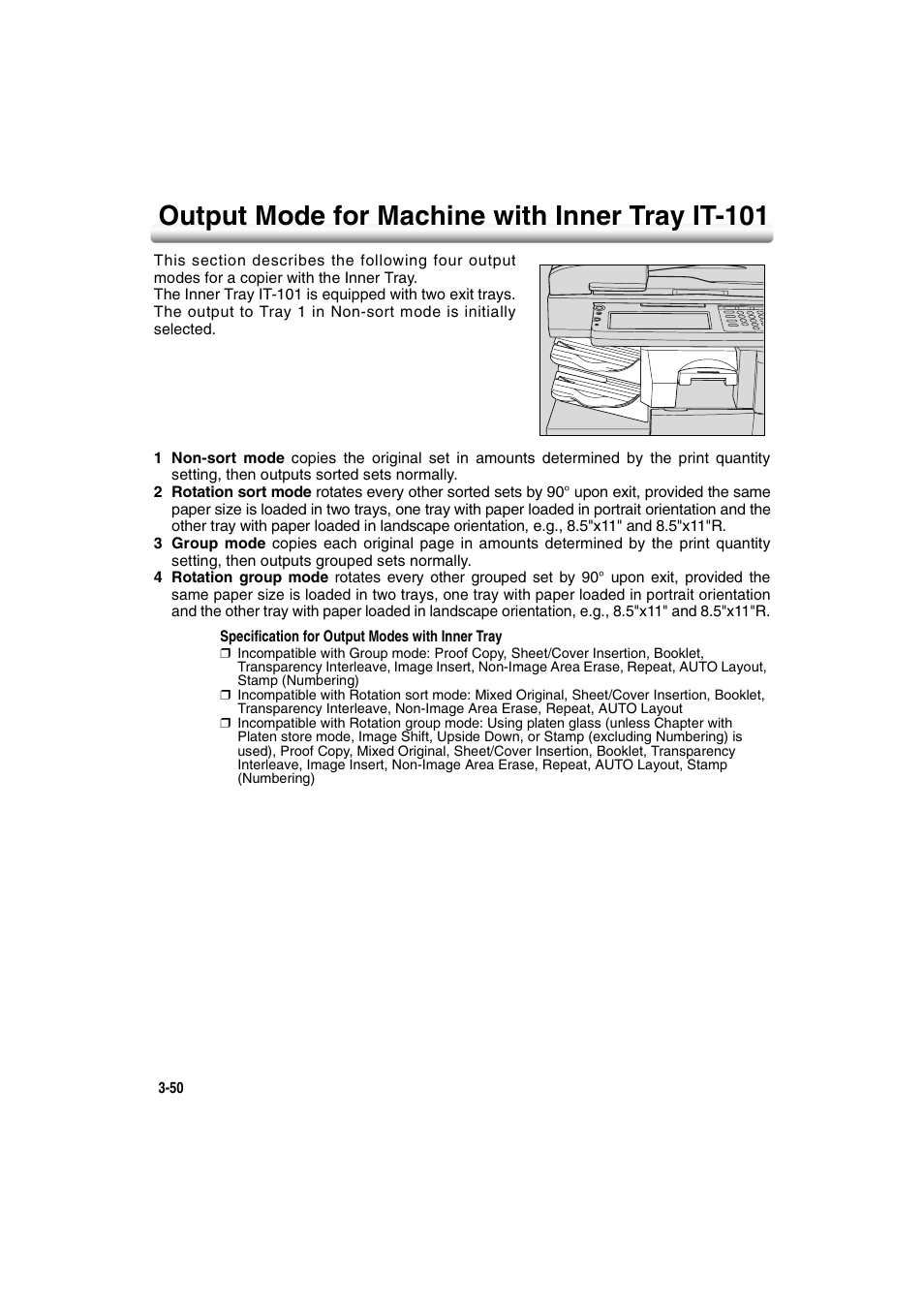 Output mode for machine with inner tray it-101, Output mode for machine with inner tray it-101 -50 | Konica Minolta 7222 User Manual | Page 112 / 328