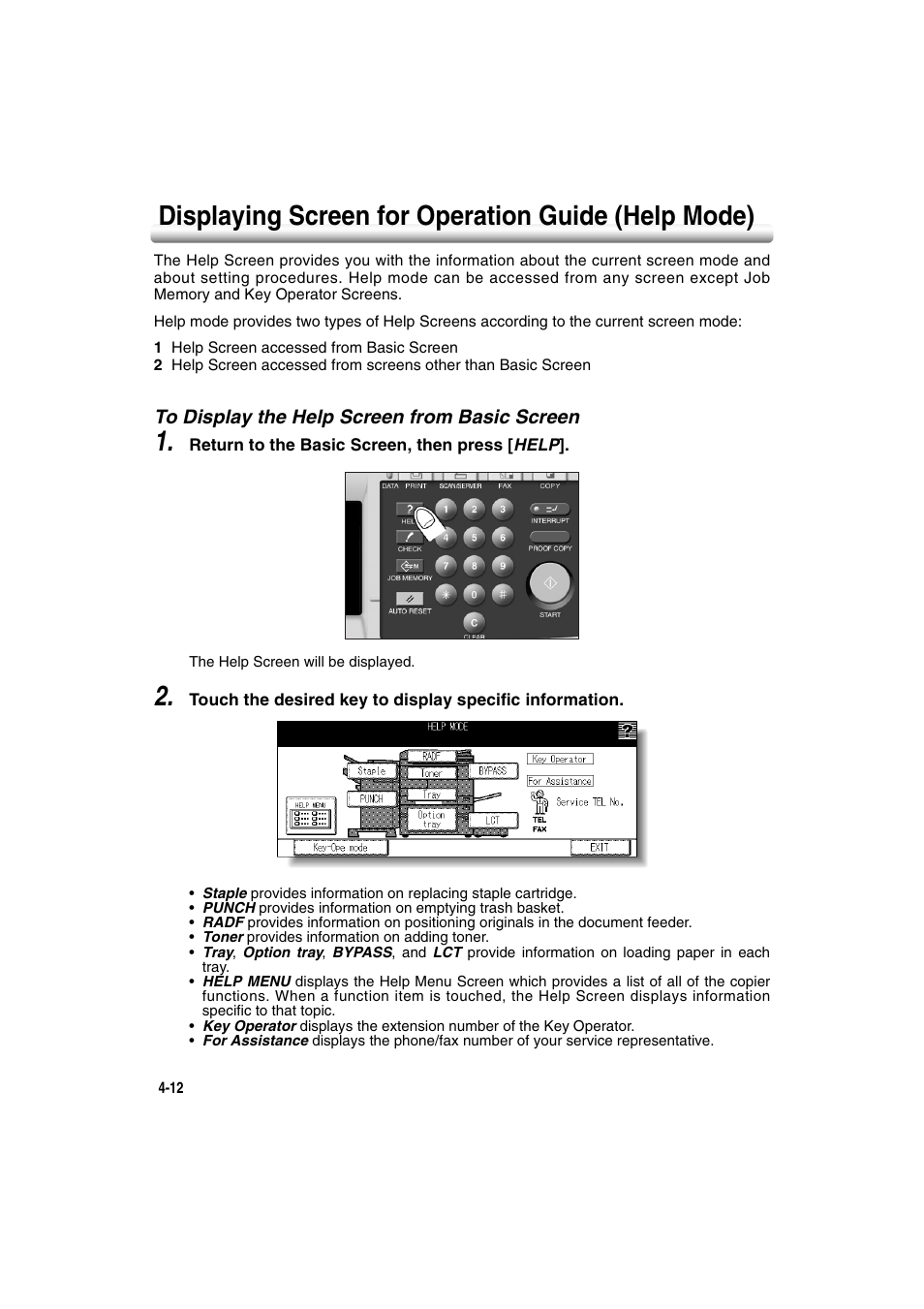 Displaying screen for operation guide (help mode), To display the help screen from basic screen, To display the help screen from basic screen -12 | Konica Minolta 7222 User Manual | Page 126 / 328