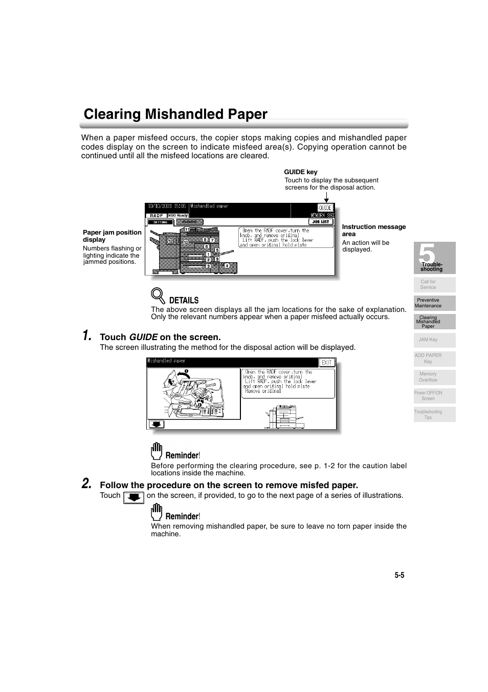 Clearing mishandled paper, Clearing mishandled paper -5 | Konica Minolta 7222 User Manual | Page 133 / 328