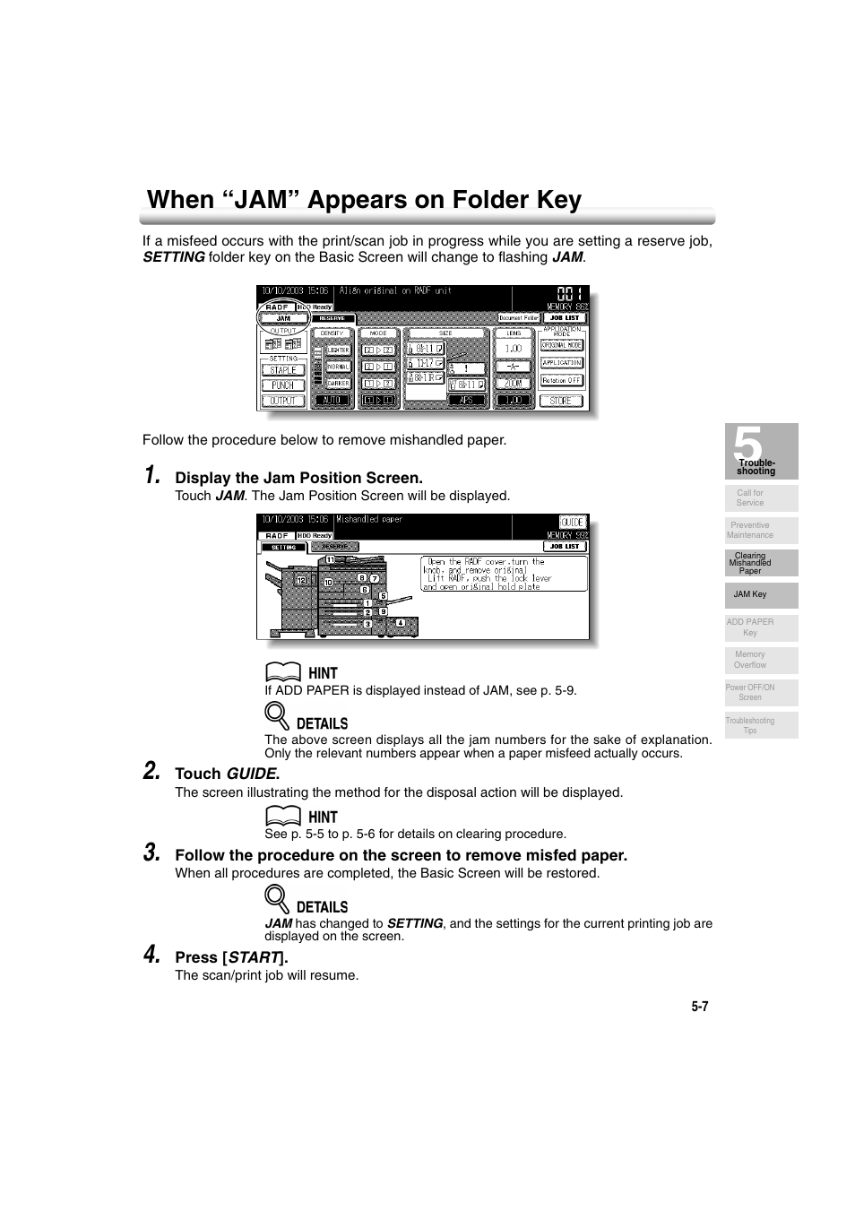 When “jam” appears on folder key, When “jam” appears on folder key -7 | Konica Minolta 7222 User Manual | Page 135 / 328