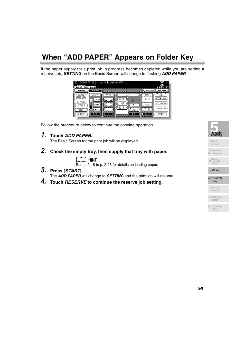 When “add paper” appears on folder key, When “add paper” appears on folder key -9 | Konica Minolta 7222 User Manual | Page 137 / 328