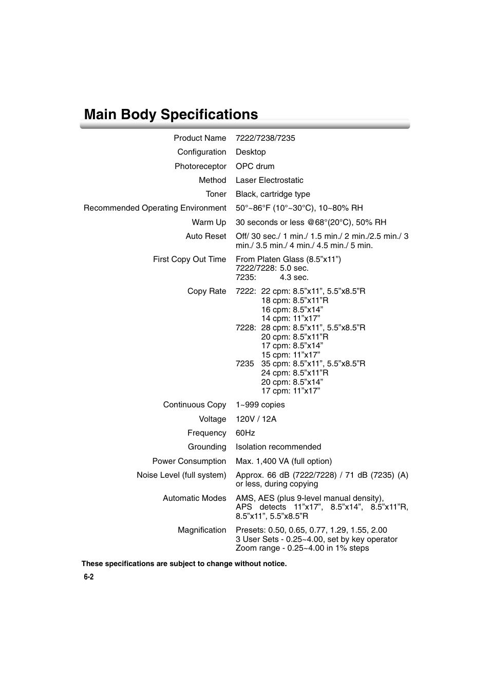 Main body specifications, Main body specifications -2 | Konica Minolta 7222 User Manual | Page 146 / 328