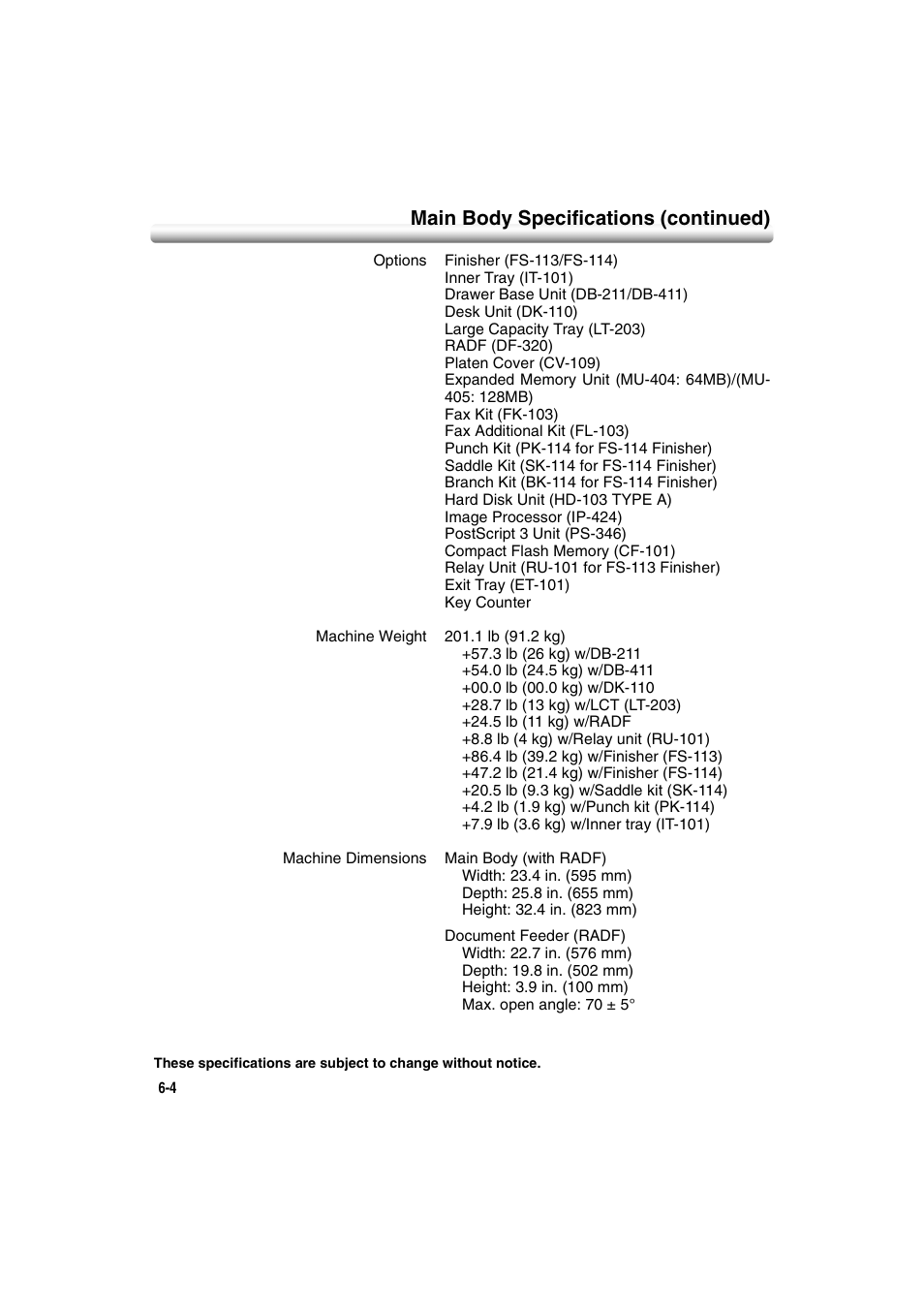 Main body specifications (continued) | Konica Minolta 7222 User Manual | Page 148 / 328