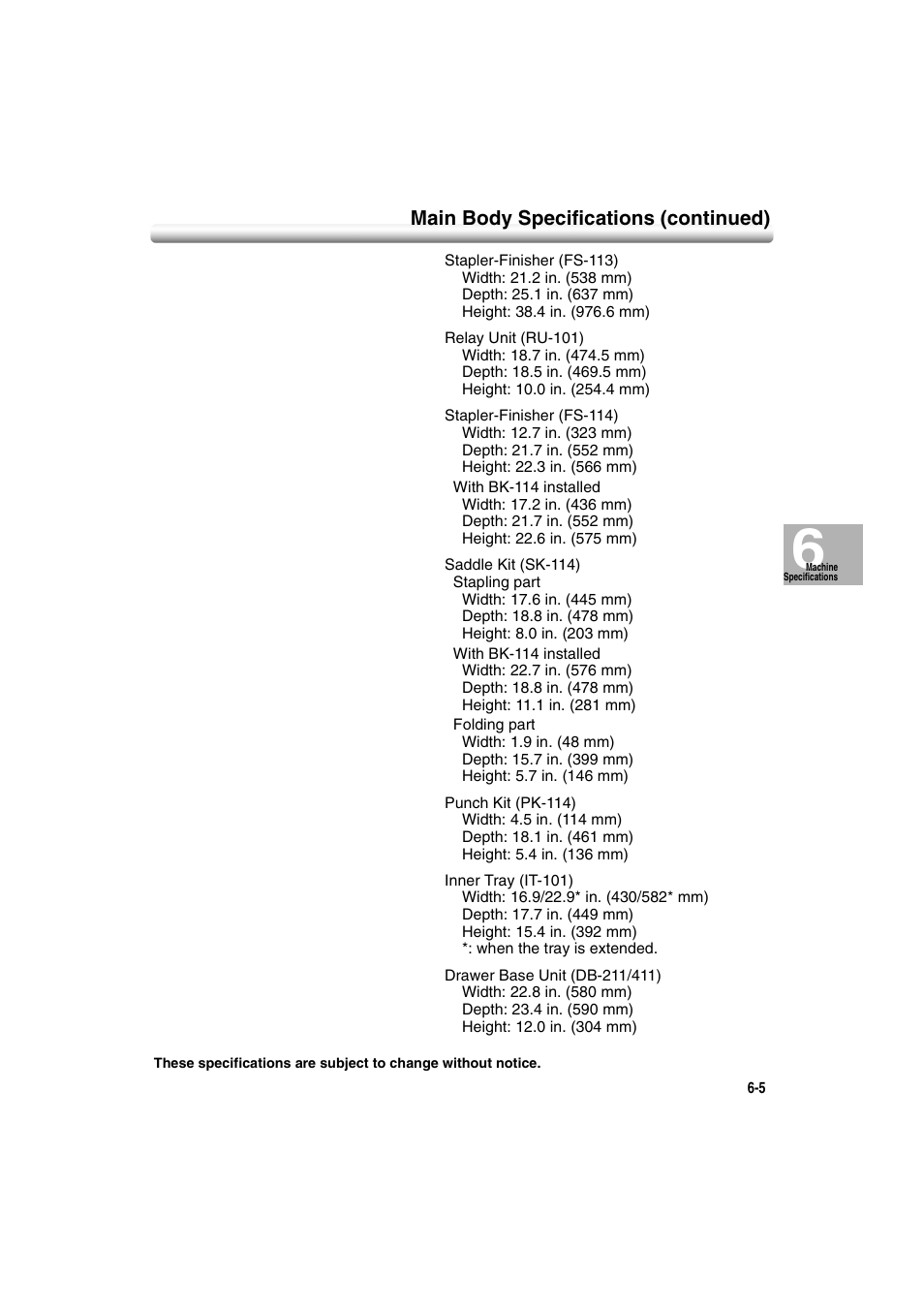 Main body specifications (continued) | Konica Minolta 7222 User Manual | Page 149 / 328
