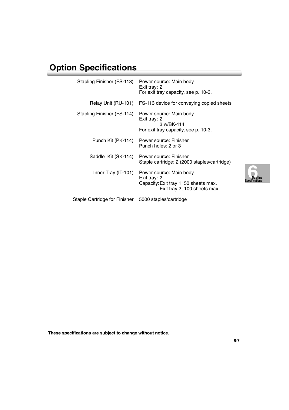 Option specifications, Option specifications -7 | Konica Minolta 7222 User Manual | Page 151 / 328