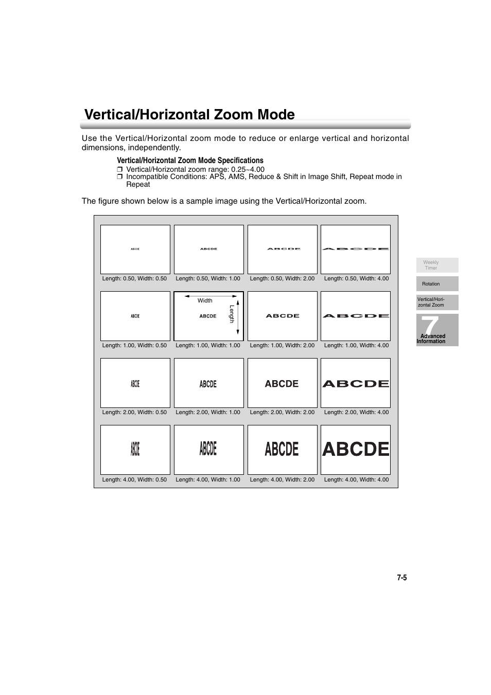 Vertical/horizontal zoom mode, Vertical/horizontal zoom mode -5 | Konica Minolta 7222 User Manual | Page 159 / 328