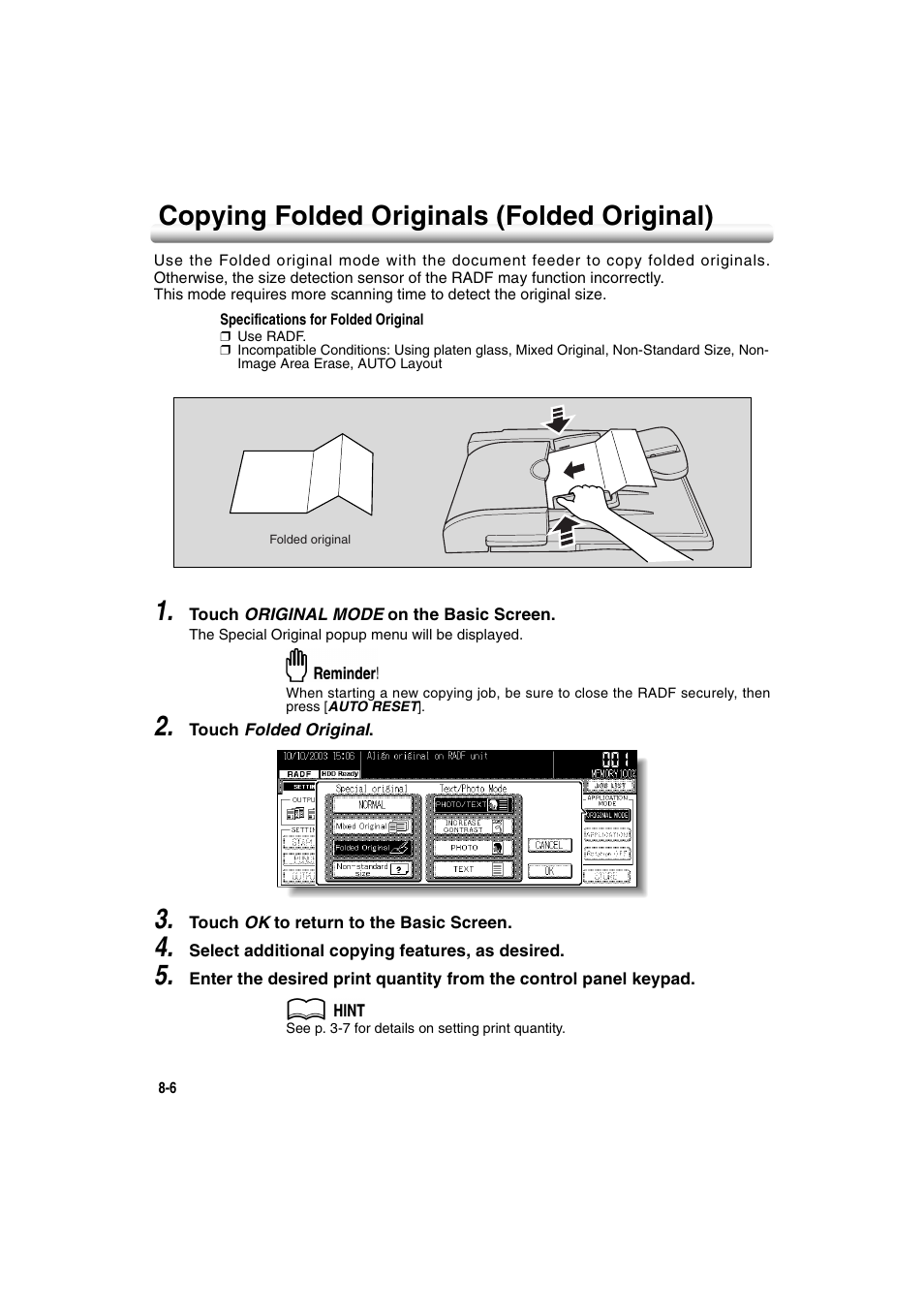 Copying folded originals (folded original), Copying folded originals (folded original) -6 | Konica Minolta 7222 User Manual | Page 168 / 328