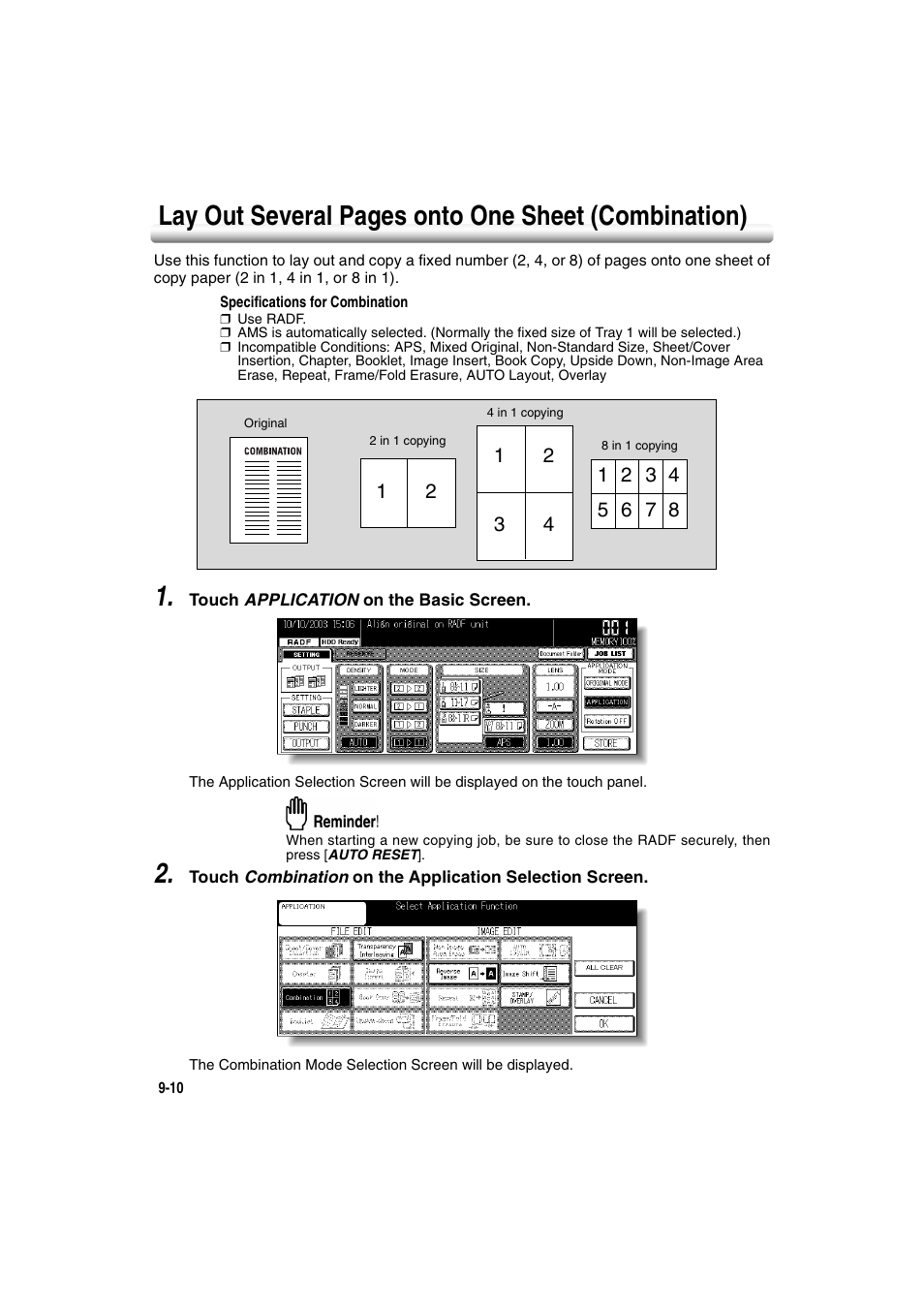 Lay out several pages onto one sheet (combination) | Konica Minolta 7222 User Manual | Page 180 / 328