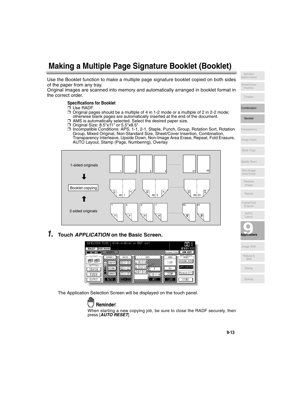 Making a multiple page signature booklet (booklet), Touch application on the basic screen | Konica Minolta 7222 User Manual | Page 183 / 328