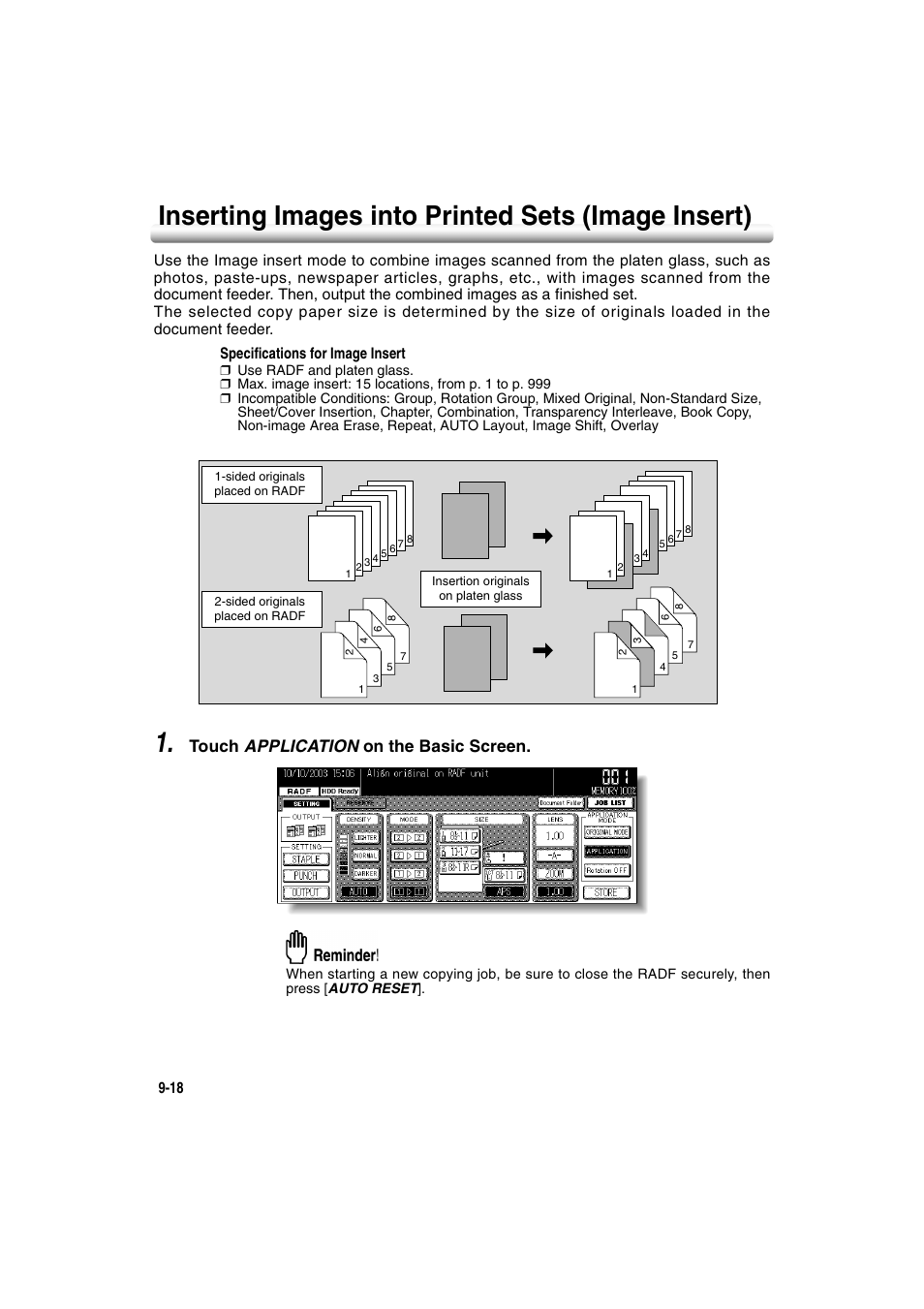 Inserting images into printed sets (image insert), Touch application on the basic screen | Konica Minolta 7222 User Manual | Page 188 / 328