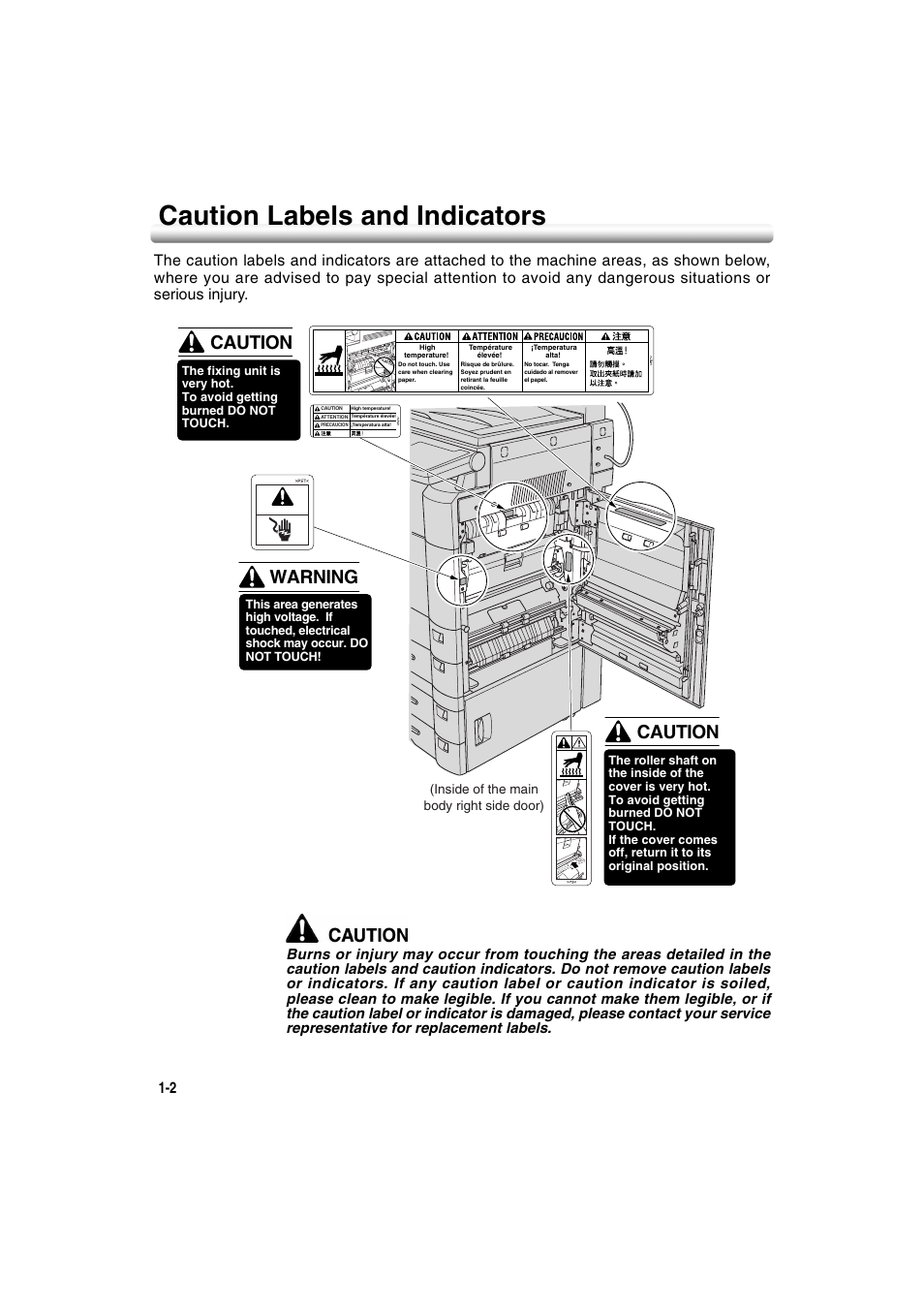 Caution labels and indicators, Caution labels and indicators -2, Warning | Caution | Konica Minolta 7222 User Manual | Page 20 / 328
