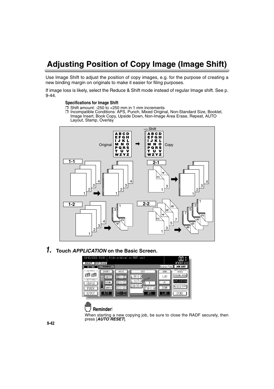 Adjusting position of copy image (image shift), Adjusting position of copy image (image shift) -42, Touch application on the basic screen | Konica Minolta 7222 User Manual | Page 212 / 328