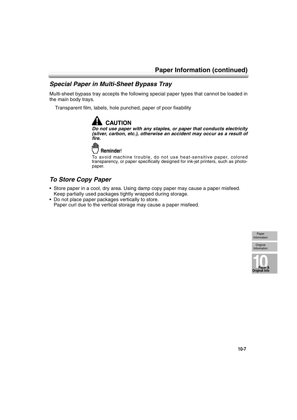 Special paper in multi-sheet bypass tray, To store copy paper, Paper information (continued) | Konica Minolta 7222 User Manual | Page 229 / 328
