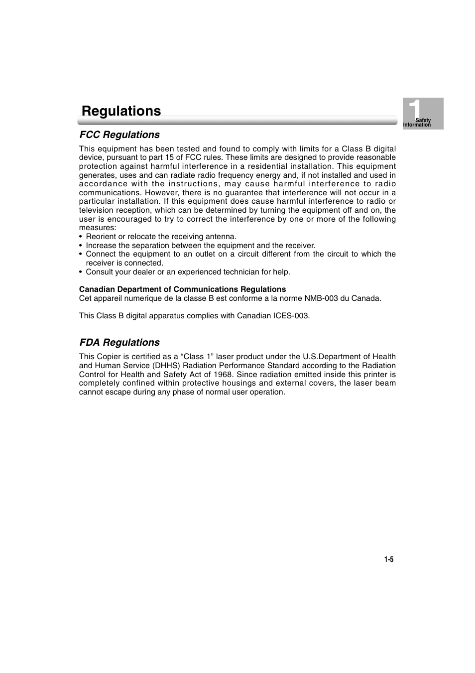 Regulations, Fcc regulations, Fda regulations | Regulations -5, Fcc regulations -5 fda regulations -5 | Konica Minolta 7222 User Manual | Page 23 / 328