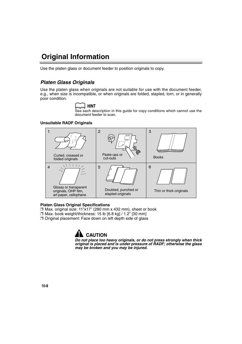 Original information, Platen glass originals, Original information -8 | Platen glass originals -8 | Konica Minolta 7222 User Manual | Page 230 / 328