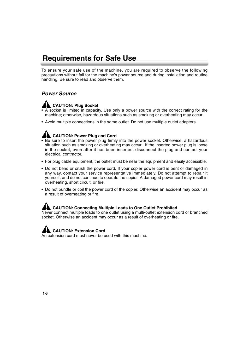 Requirements for safe use, Power source, Requirements for safe use -6 | Power source -6 | Konica Minolta 7222 User Manual | Page 24 / 328
