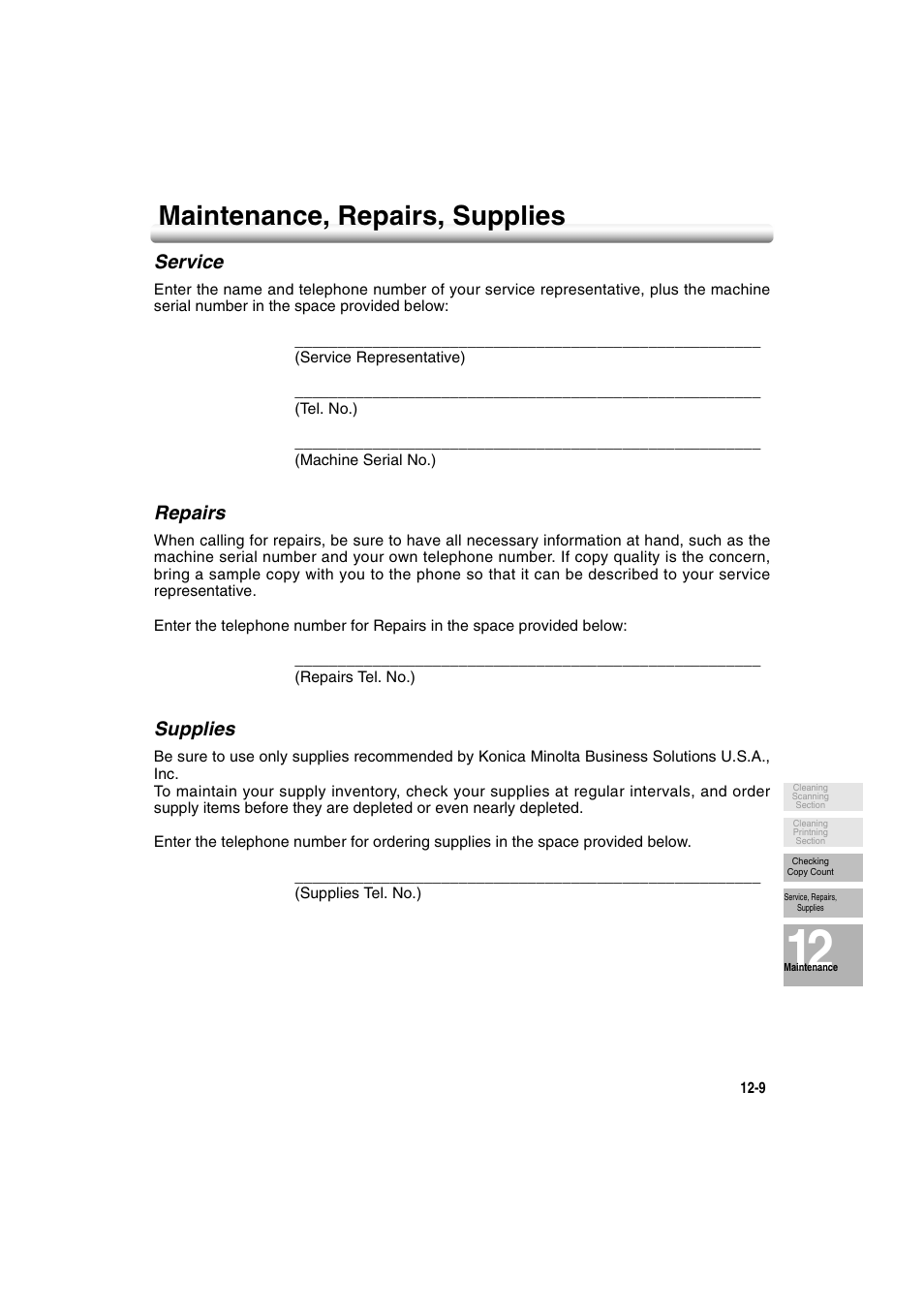 Maintenance, repairs, supplies, Service, Repairs | Supplies, Maintenance, repairs, supplies -9, Service -9 repairs -9 supplies -9 | Konica Minolta 7222 User Manual | Page 263 / 328